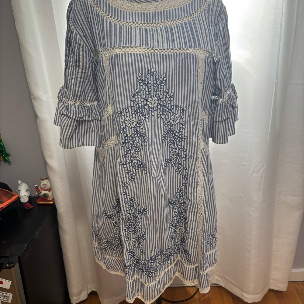 Free People Blue and White Striped Dress with Lace Details
